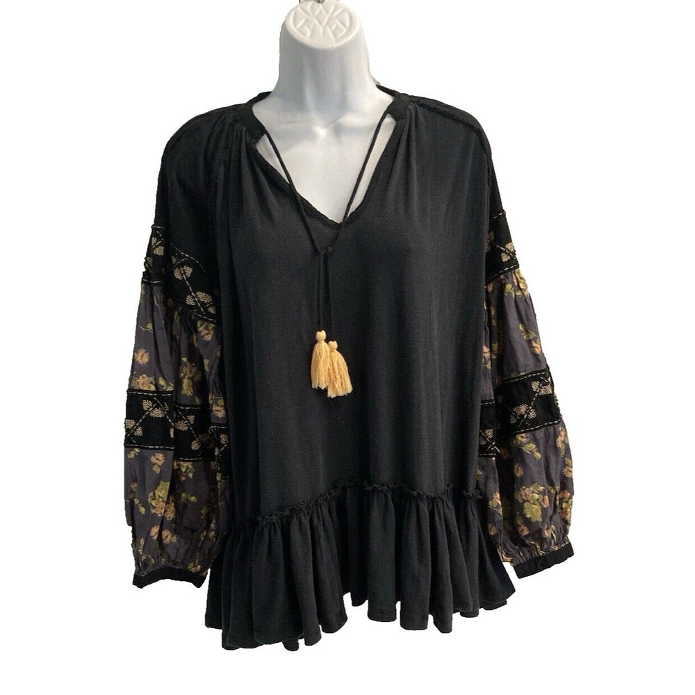 Free People Beaded LS Peasant Top Floral Tassel Ties Small Black Boho Blouse